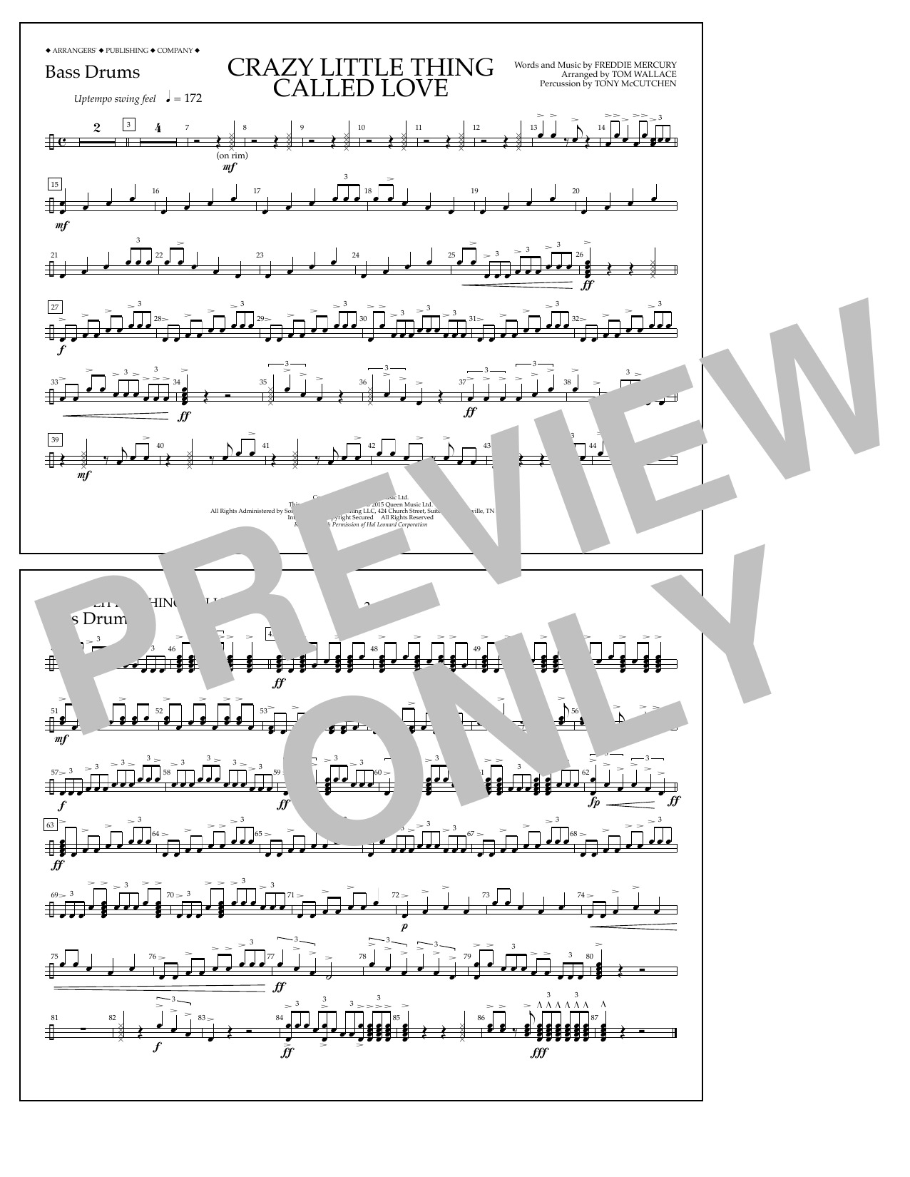 Tom Wallace Crazy Little Thing Called Love - Bass Drums sheet music notes and chords arranged for Marching Band