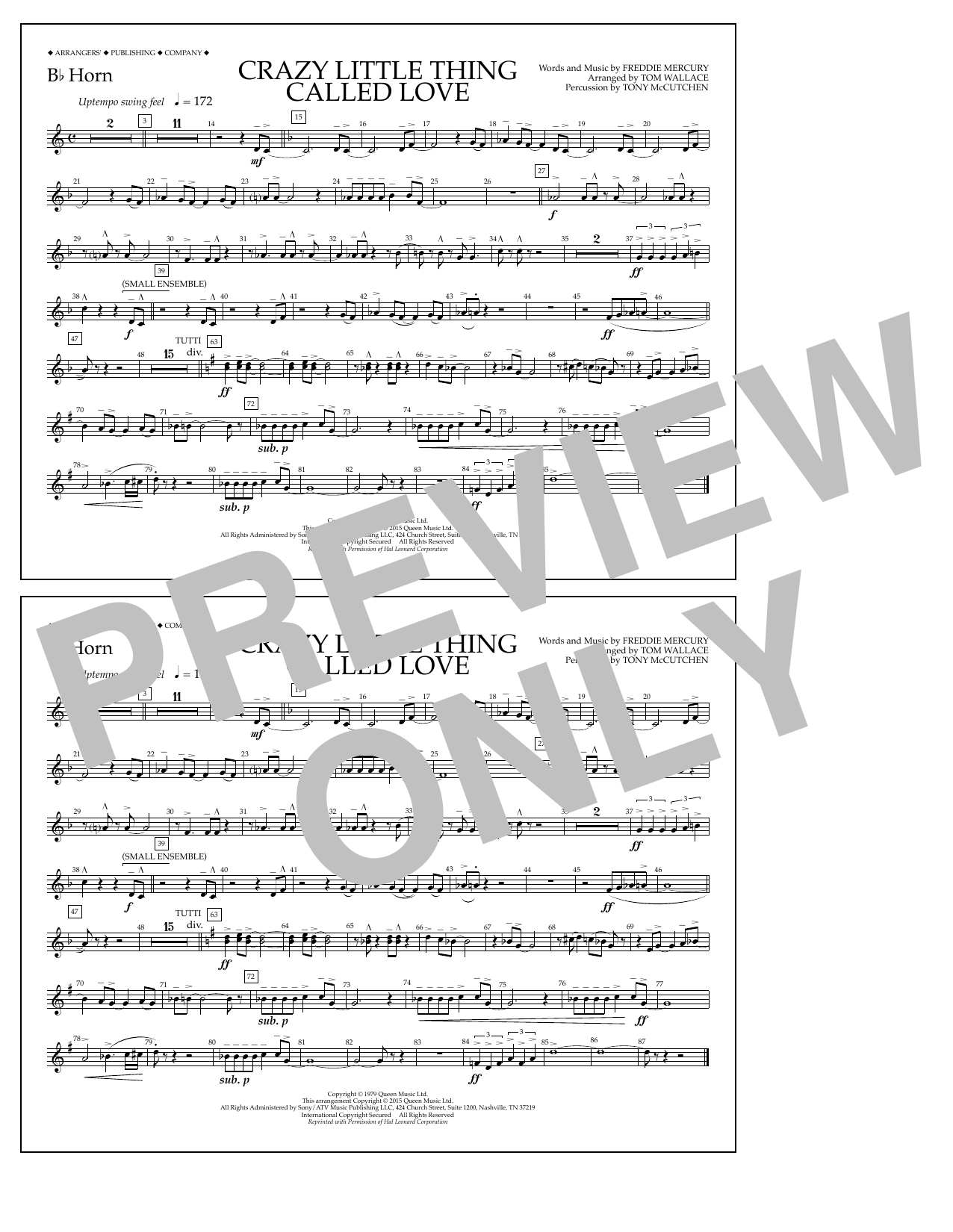 Tom Wallace Crazy Little Thing Called Love - Bb Horn sheet music notes and chords arranged for Marching Band