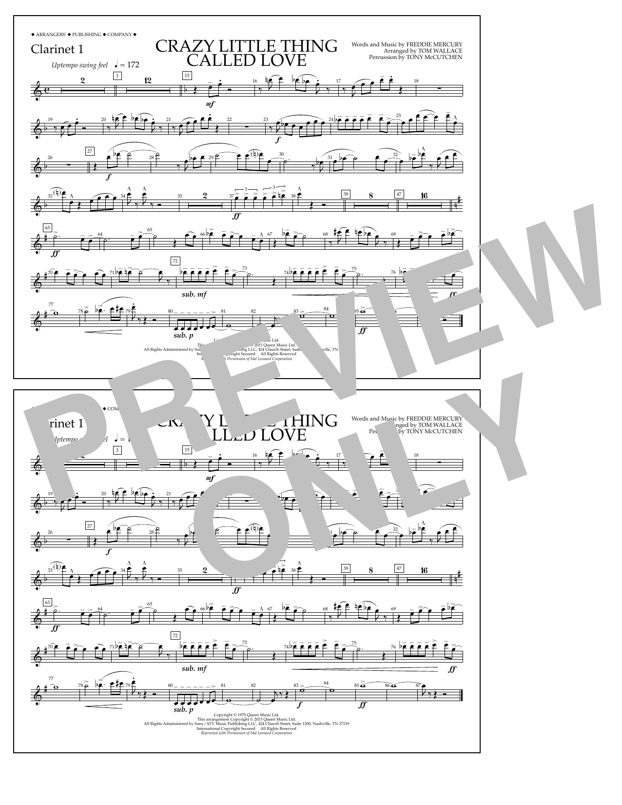 Tom Wallace Crazy Little Thing Called Love - Clarinet 1 sheet music notes and chords arranged for Marching Band
