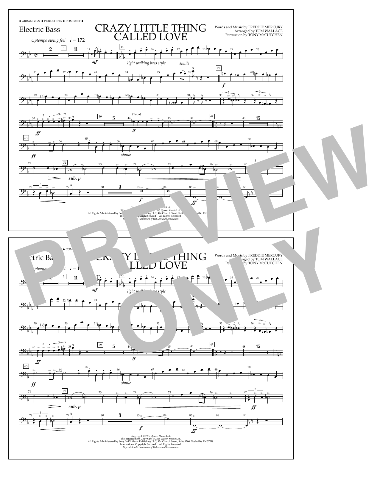 Tom Wallace Crazy Little Thing Called Love - Electric Bass sheet music notes and chords arranged for Marching Band