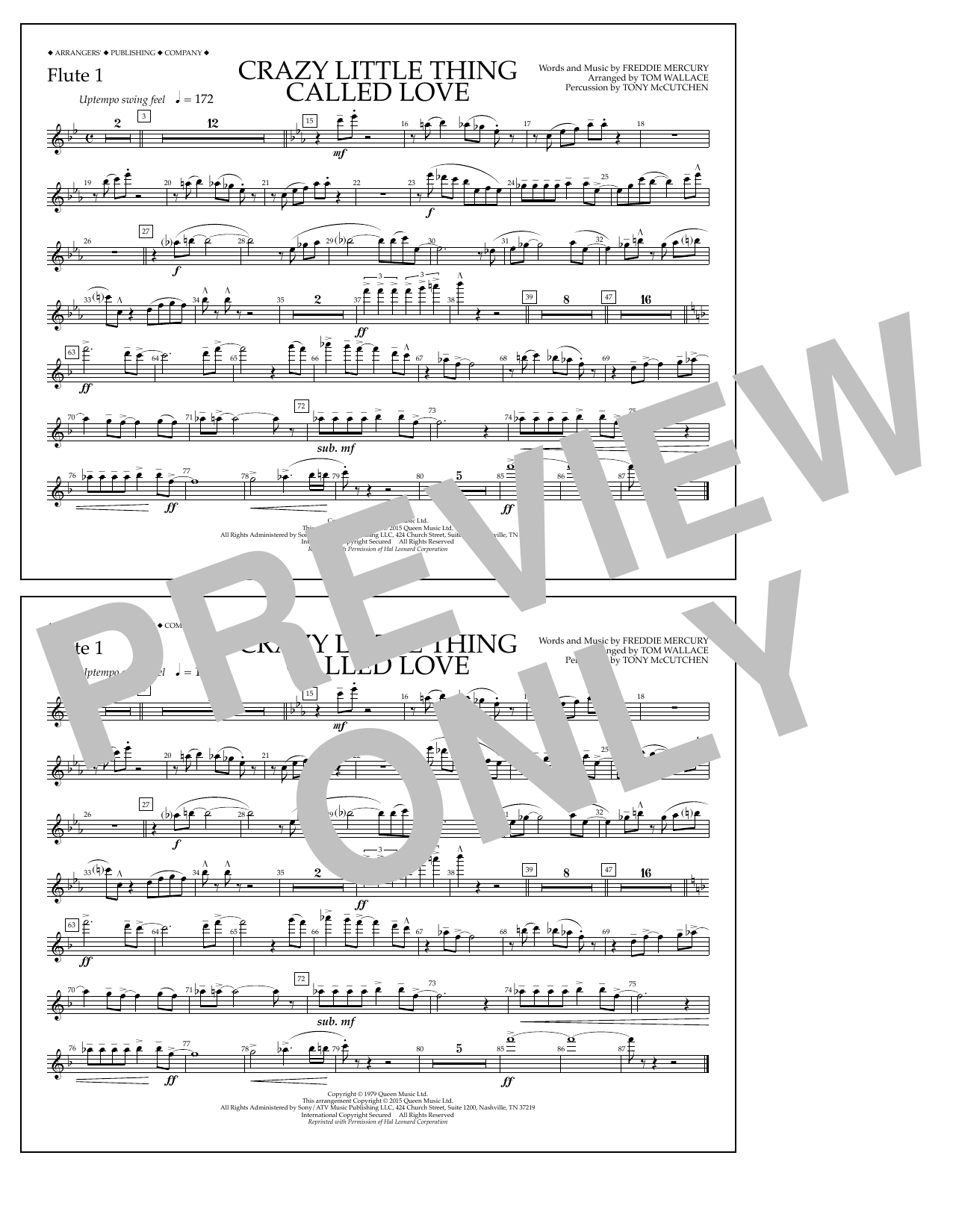 Tom Wallace Crazy Little Thing Called Love - Flute 1 sheet music notes and chords arranged for Marching Band