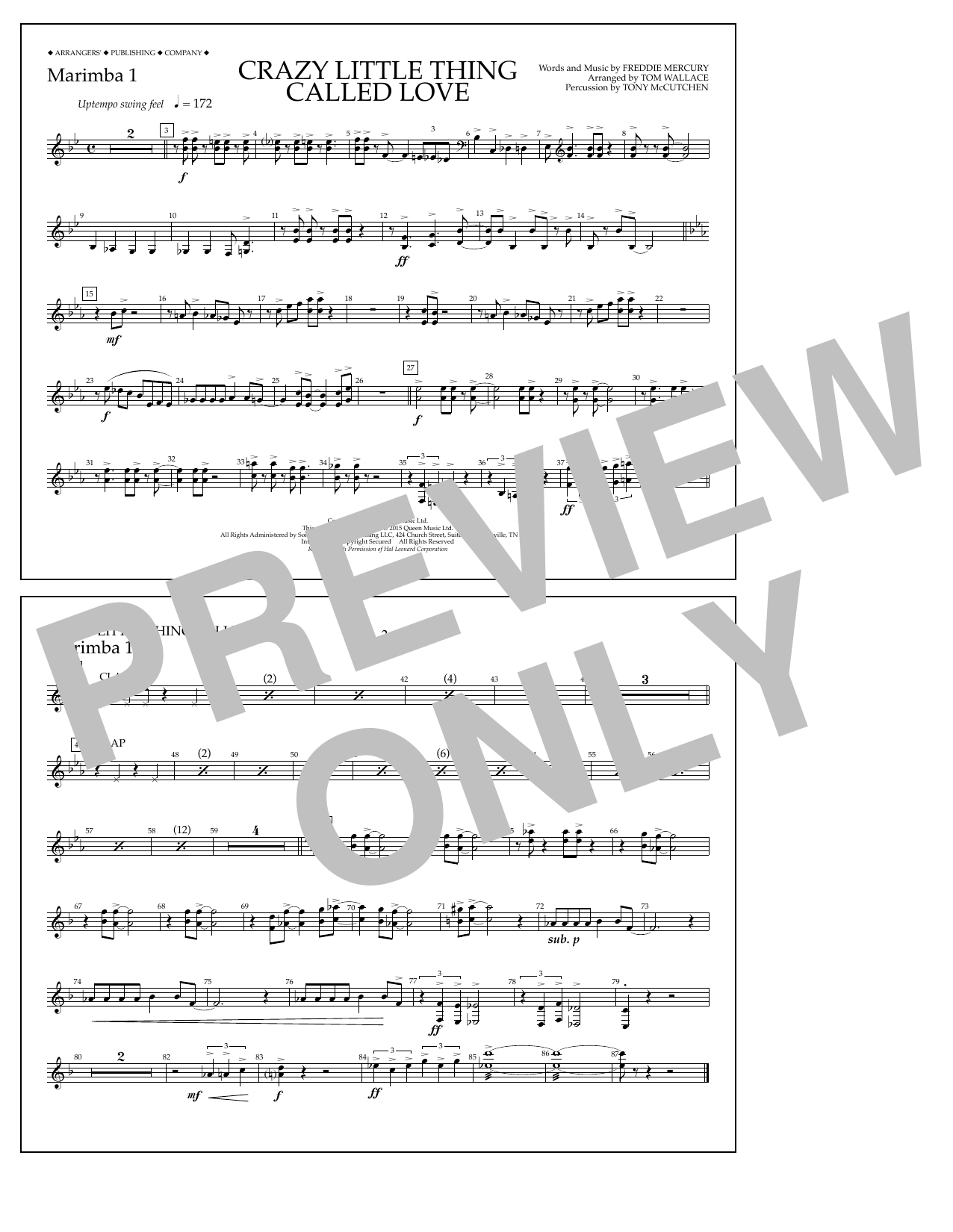 Tom Wallace Crazy Little Thing Called Love - Marimba 1 sheet music notes and chords arranged for Marching Band