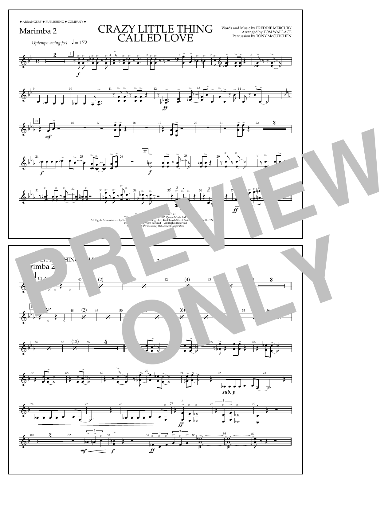 Tom Wallace Crazy Little Thing Called Love - Marimba 2 sheet music notes and chords arranged for Marching Band