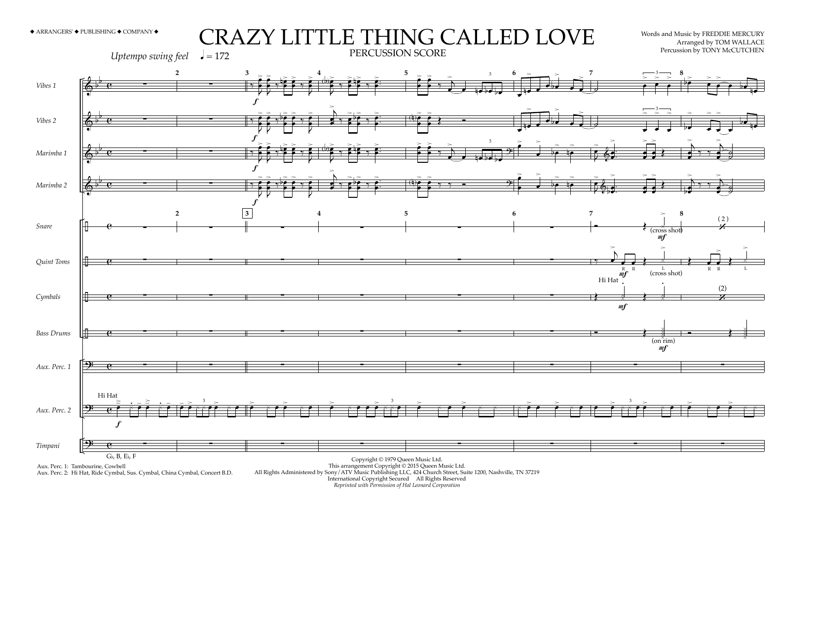 Tom Wallace Crazy Little Thing Called Love - Percussion Score sheet music notes and chords arranged for Marching Band