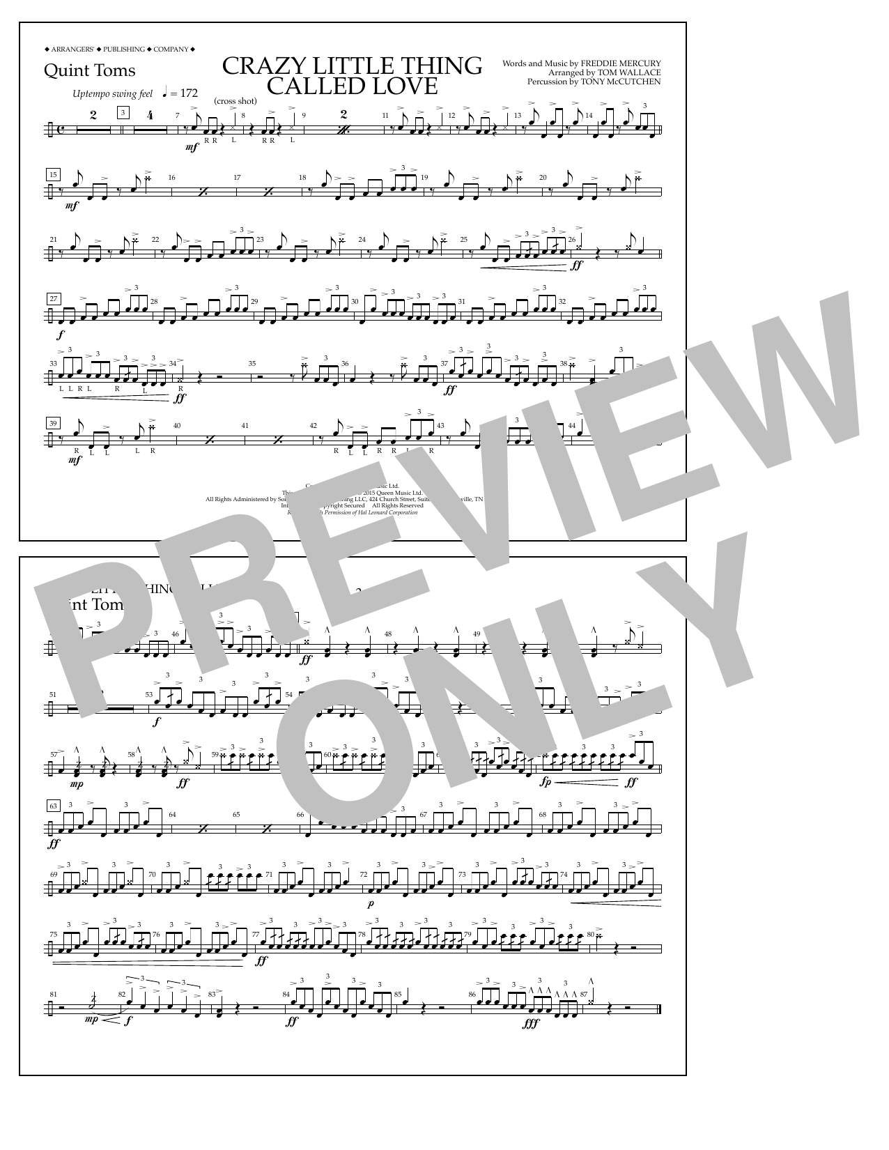 Tom Wallace Crazy Little Thing Called Love - Quint-Toms sheet music notes and chords arranged for Marching Band