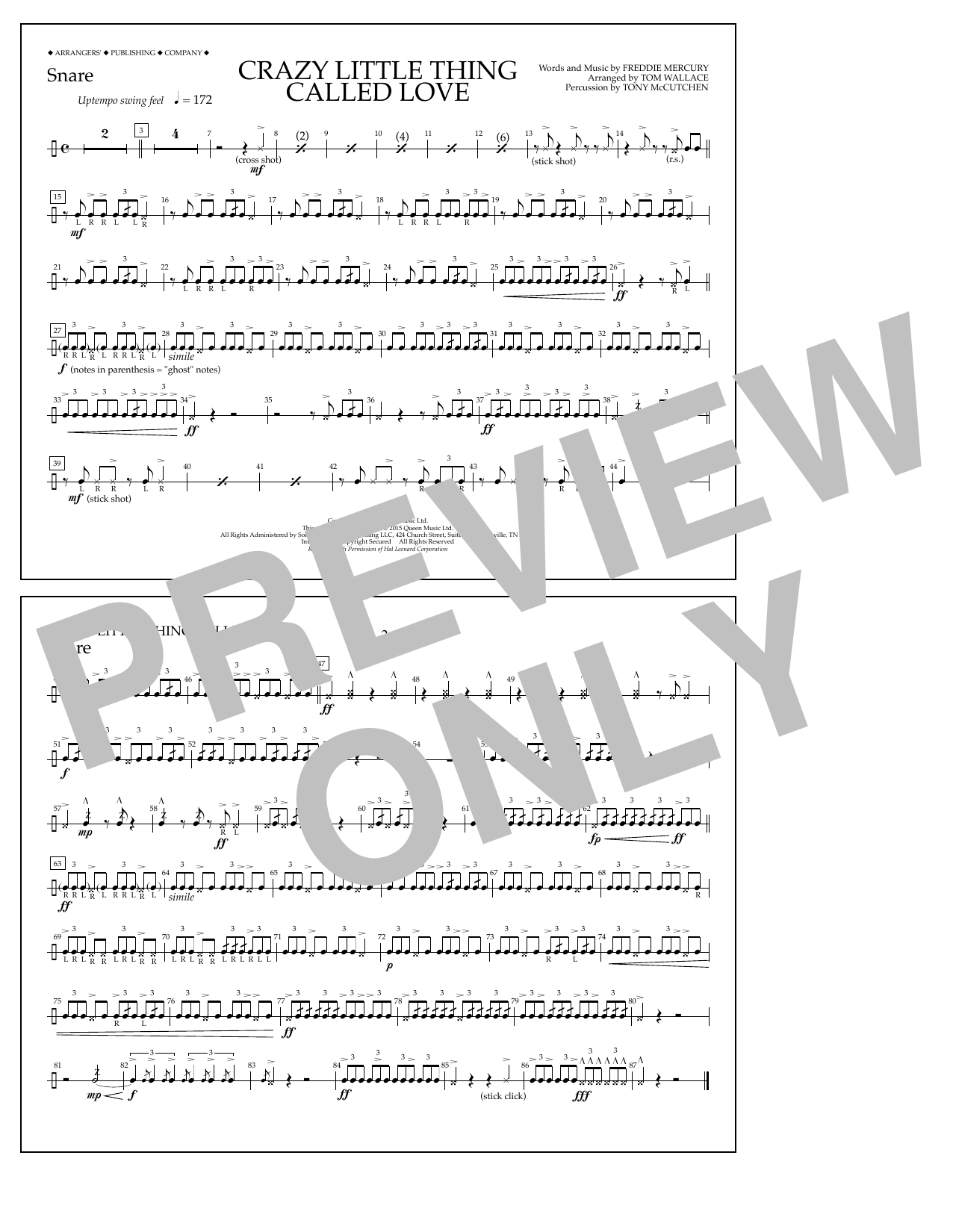 Tom Wallace Crazy Little Thing Called Love - Snare sheet music notes and chords arranged for Marching Band