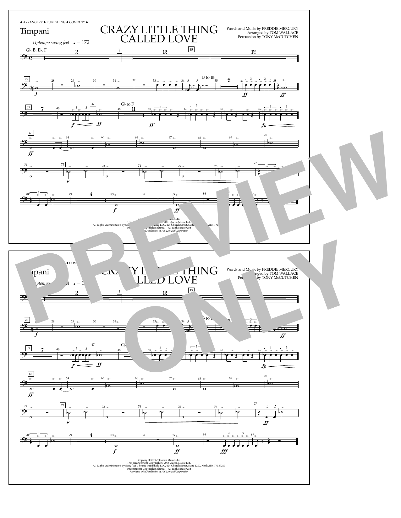 Tom Wallace Crazy Little Thing Called Love - Timpani sheet music notes and chords arranged for Marching Band