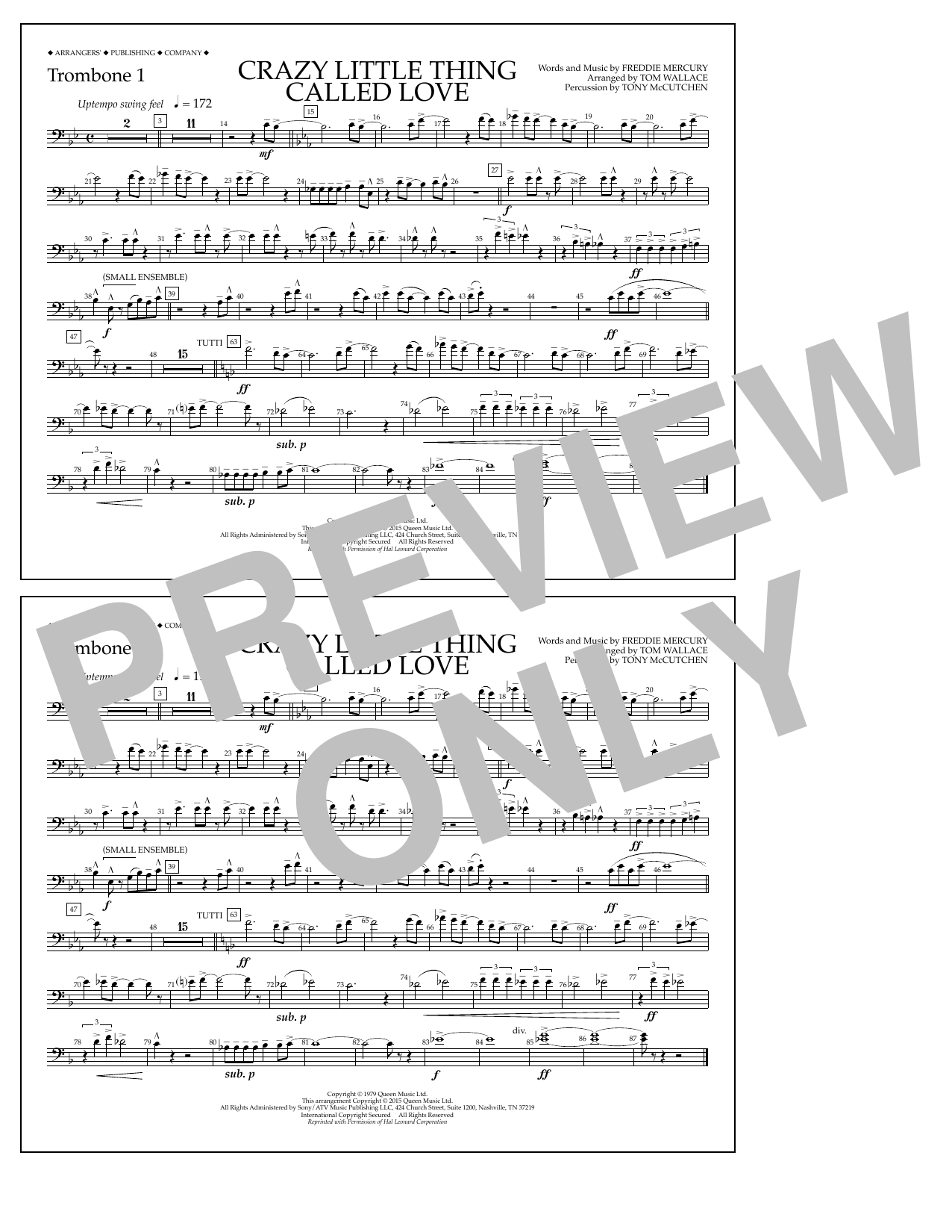 Tom Wallace Crazy Little Thing Called Love - Trombone 1 sheet music notes and chords arranged for Marching Band