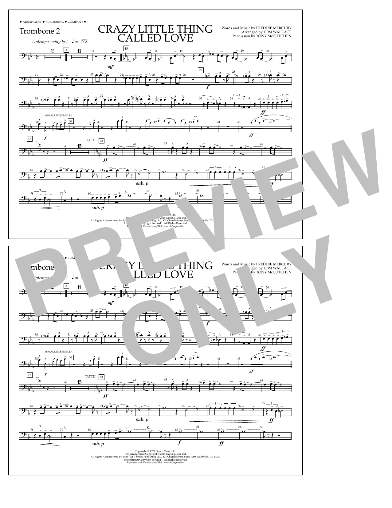 Tom Wallace Crazy Little Thing Called Love - Trombone 2 sheet music notes and chords arranged for Marching Band