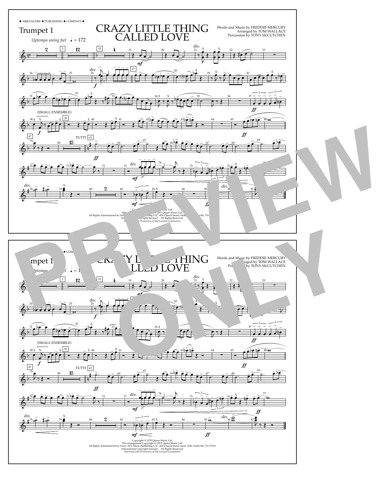 Tom Wallace Crazy Little Thing Called Love - Trumpet 1 sheet music notes and chords arranged for Marching Band