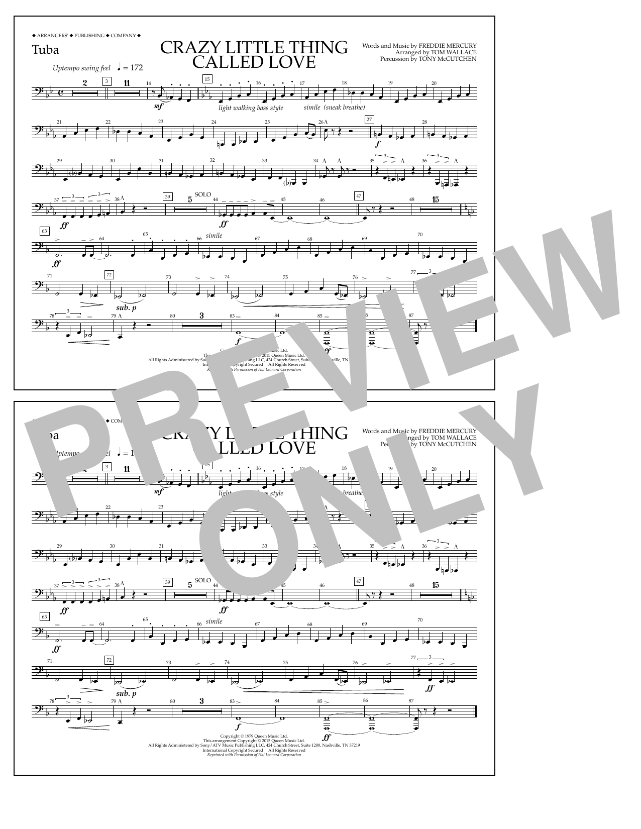 Tom Wallace Crazy Little Thing Called Love - Tuba sheet music notes and chords arranged for Marching Band