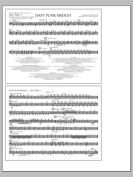 Tom Wallace Daft Punk Medley - Aux. Perc. 1 sheet music notes and chords arranged for Marching Band
