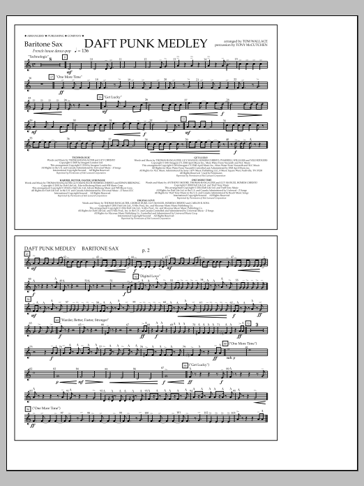 Tom Wallace Daft Punk Medley - Baritone Sax sheet music notes and chords arranged for Marching Band