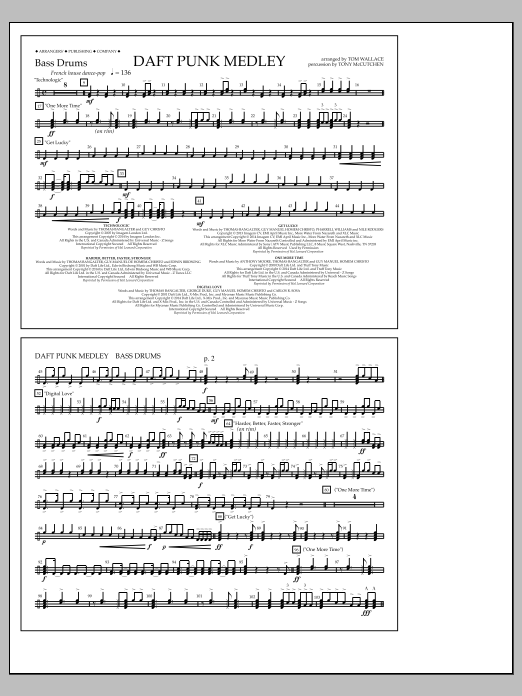 Tom Wallace Daft Punk Medley - Bass Drums sheet music notes and chords arranged for Marching Band