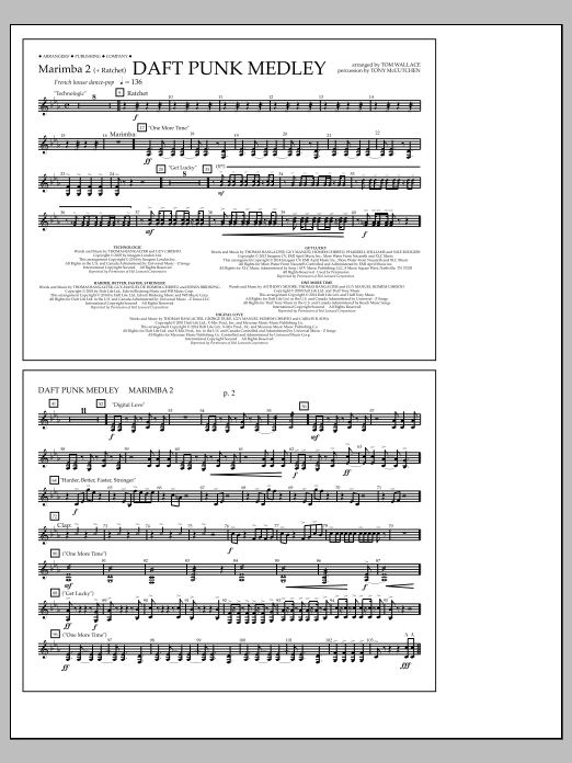 Tom Wallace Daft Punk Medley - Marimba 2 sheet music notes and chords arranged for Marching Band