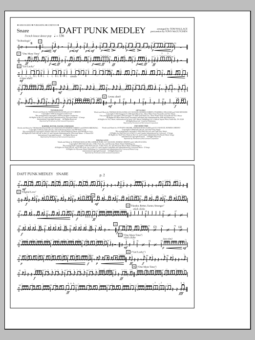 Tom Wallace Daft Punk Medley - Snare sheet music notes and chords arranged for Marching Band