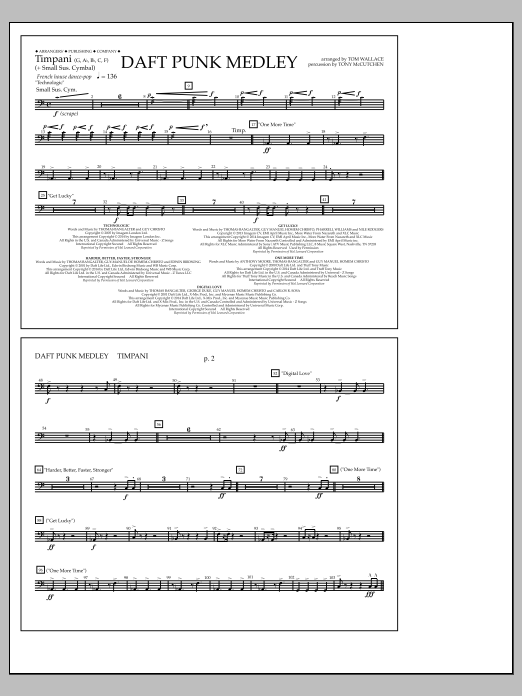 Tom Wallace Daft Punk Medley - Timpani sheet music notes and chords arranged for Marching Band