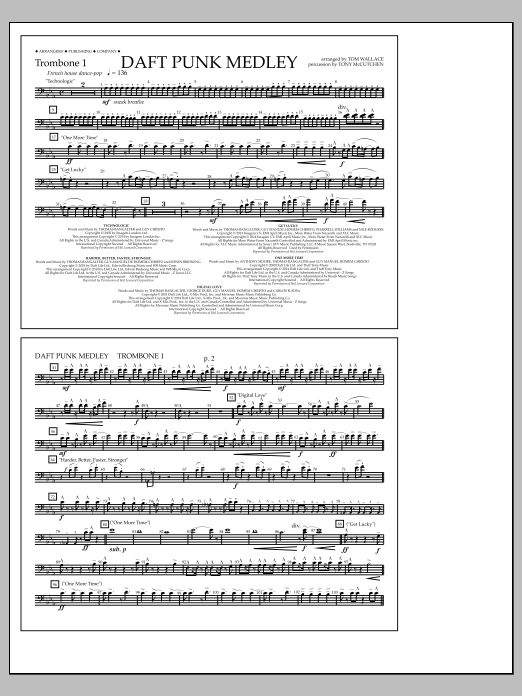 Tom Wallace Daft Punk Medley - Trombone 1 sheet music notes and chords arranged for Marching Band