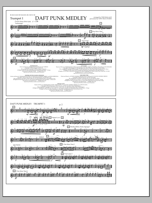 Tom Wallace Daft Punk Medley - Trumpet 1 sheet music notes and chords arranged for Marching Band
