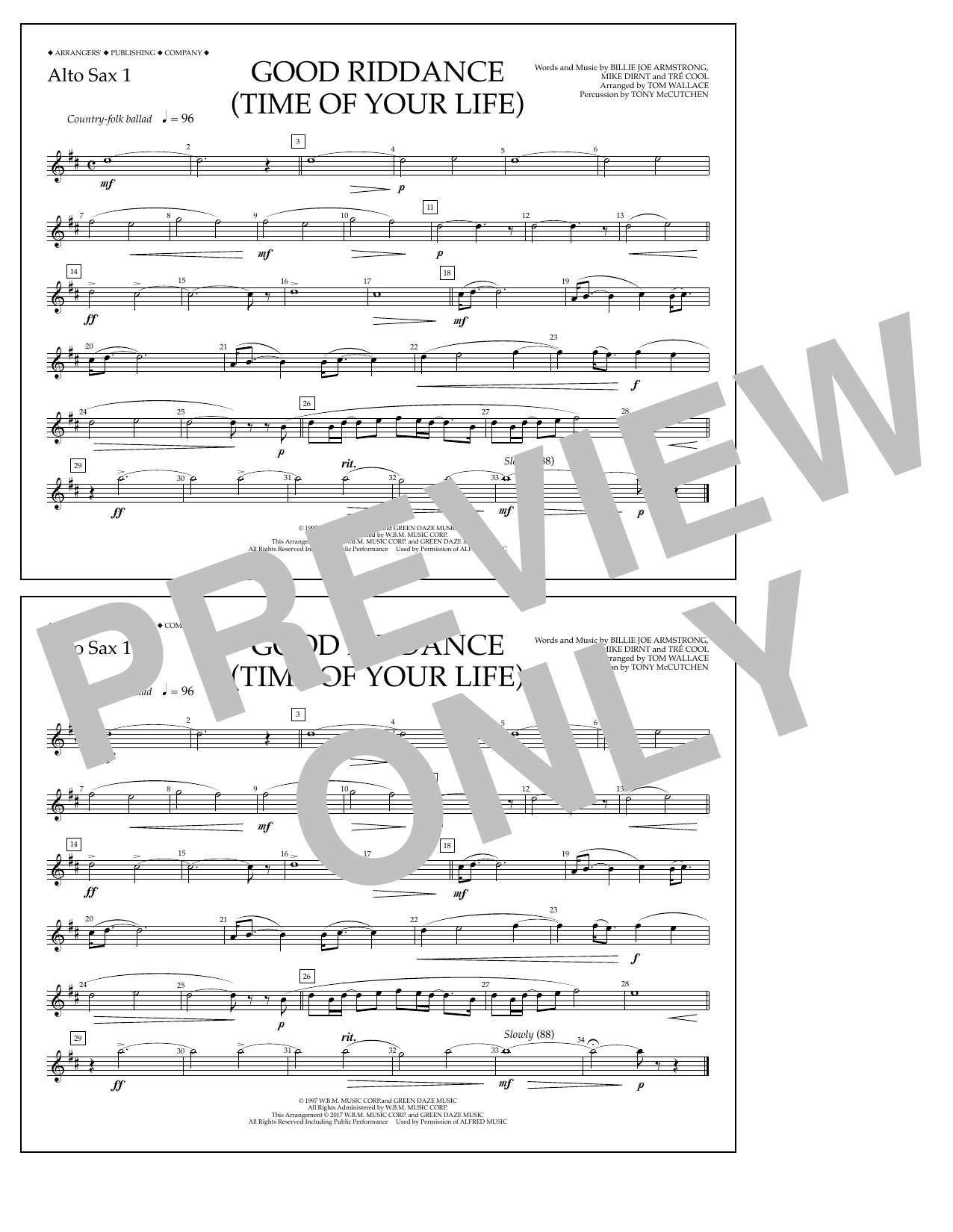 Tom Wallace Good Riddance (Time of Your Life) - Alto Sax 1 sheet music notes and chords arranged for Marching Band