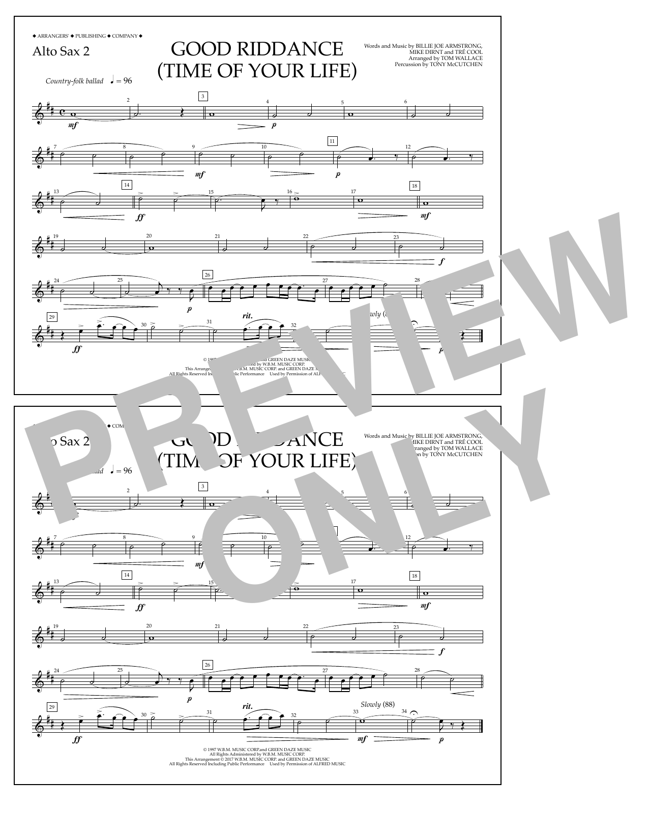 Tom Wallace Good Riddance (Time of Your Life) - Alto Sax 2 sheet music notes and chords arranged for Marching Band