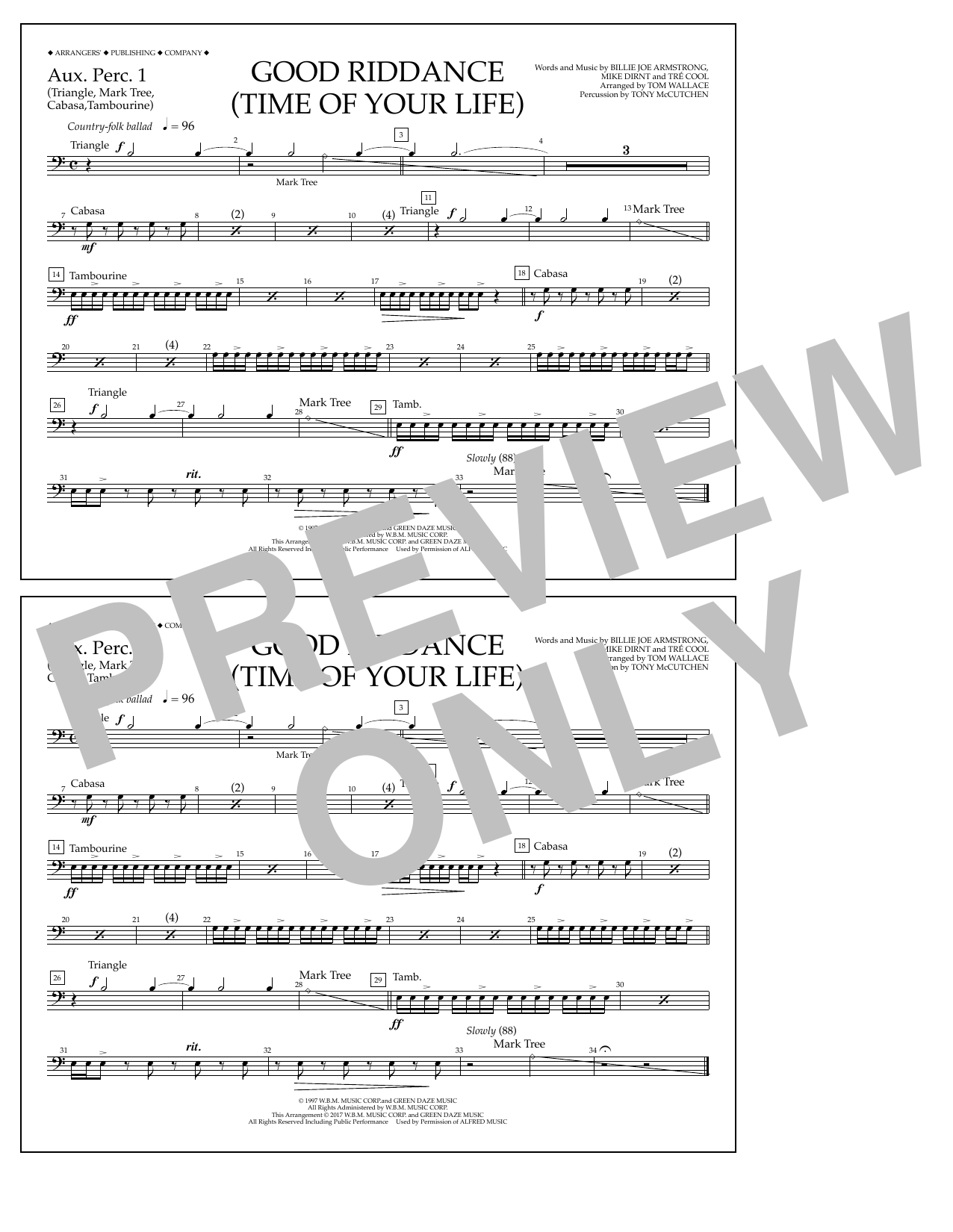 Tom Wallace Good Riddance (Time of Your Life) - Aux. Perc. 1 sheet music notes and chords arranged for Marching Band