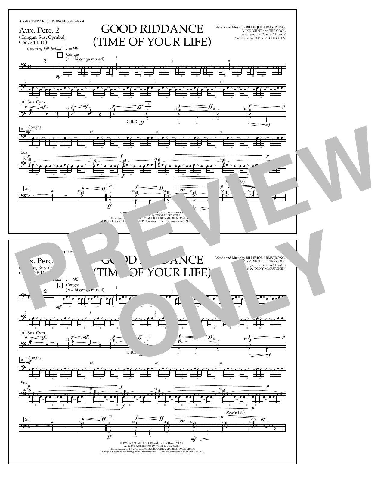 Tom Wallace Good Riddance (Time of Your Life) - Aux. Perc. 2 sheet music notes and chords arranged for Marching Band