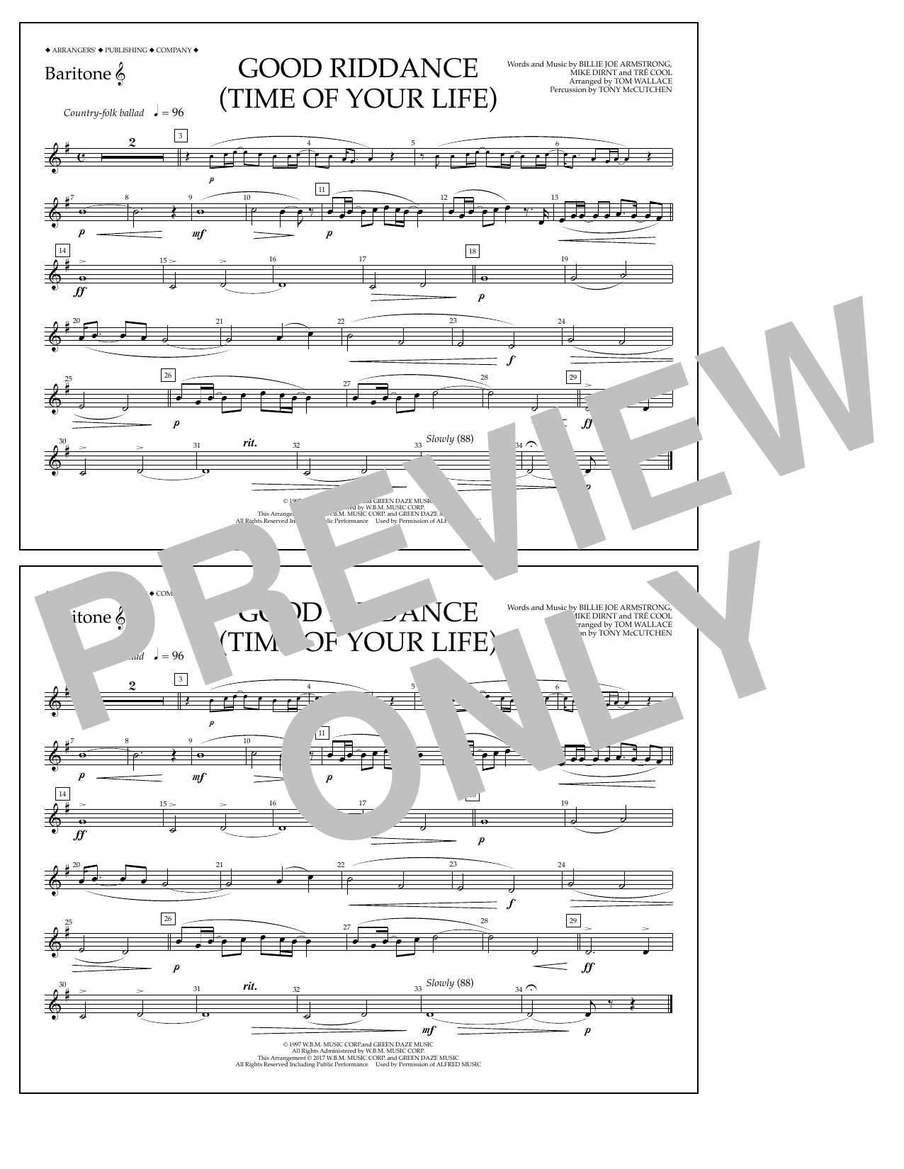 Tom Wallace Good Riddance (Time of Your Life) - Baritone T.C. sheet music notes and chords arranged for Marching Band