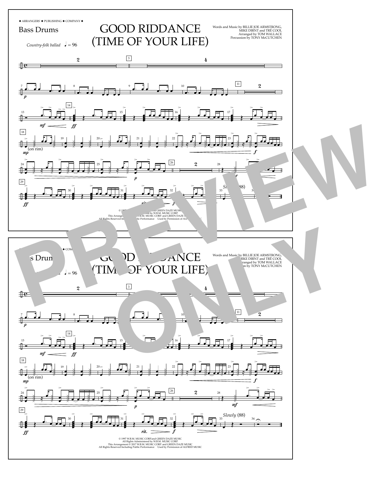 Tom Wallace Good Riddance (Time of Your Life) - Bass Drums sheet music notes and chords arranged for Marching Band