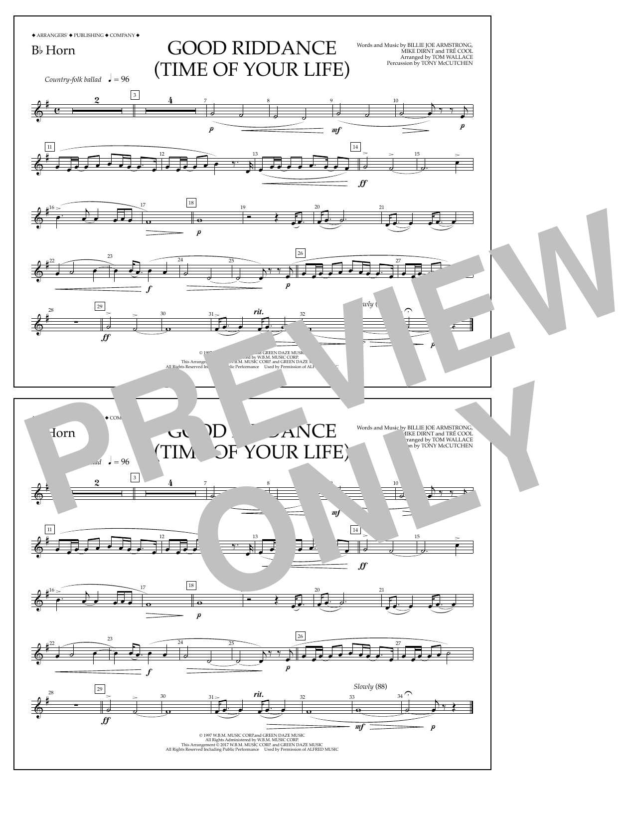 Tom Wallace Good Riddance (Time of Your Life) - Bb Horn sheet music notes and chords arranged for Marching Band
