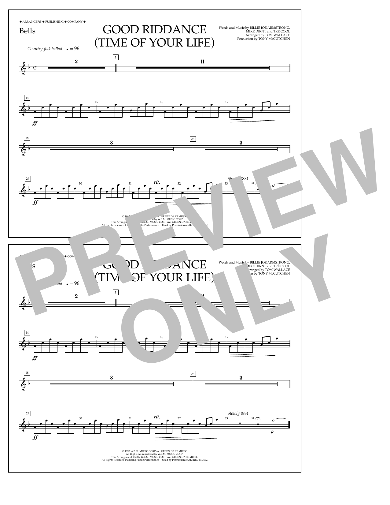 Tom Wallace Good Riddance (Time of Your Life) - Bells sheet music notes and chords arranged for Marching Band