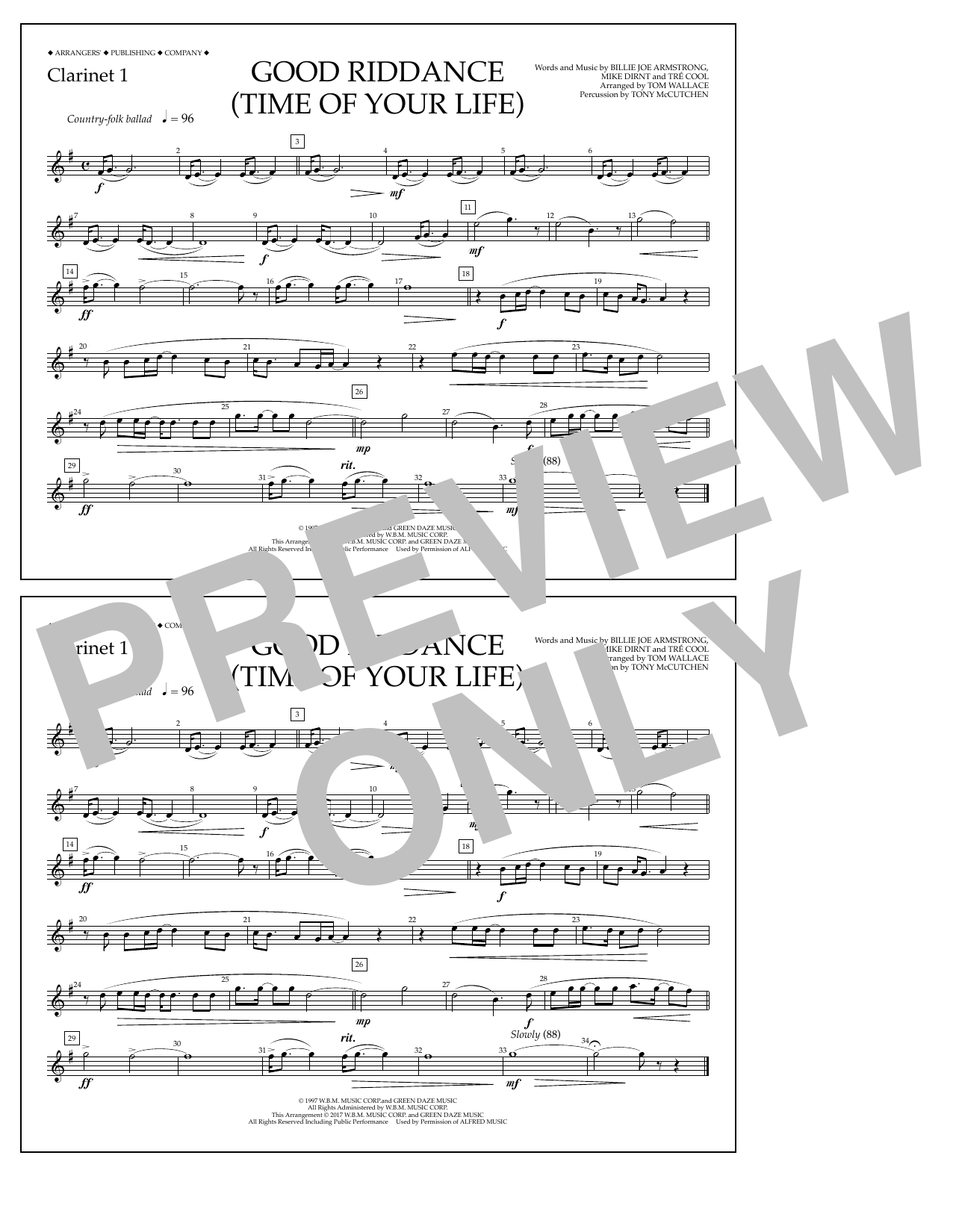 Tom Wallace Good Riddance (Time of Your Life) - Clarinet 1 sheet music notes and chords arranged for Marching Band
