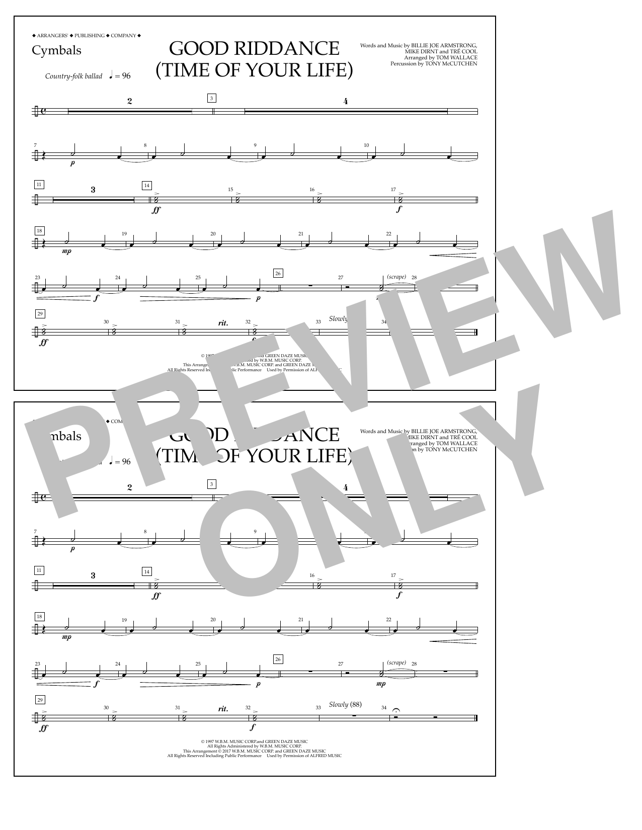 Tom Wallace Good Riddance (Time of Your Life) - Cymbals sheet music notes and chords arranged for Marching Band