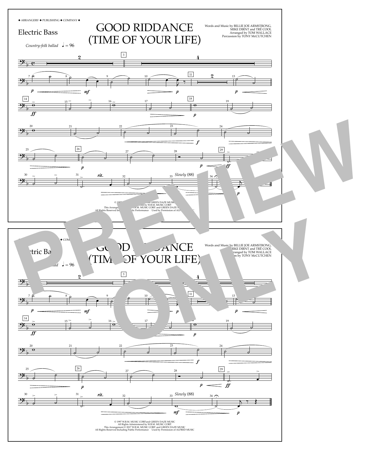 Tom Wallace Good Riddance (Time of Your Life) - Electric Bass sheet music notes and chords arranged for Marching Band