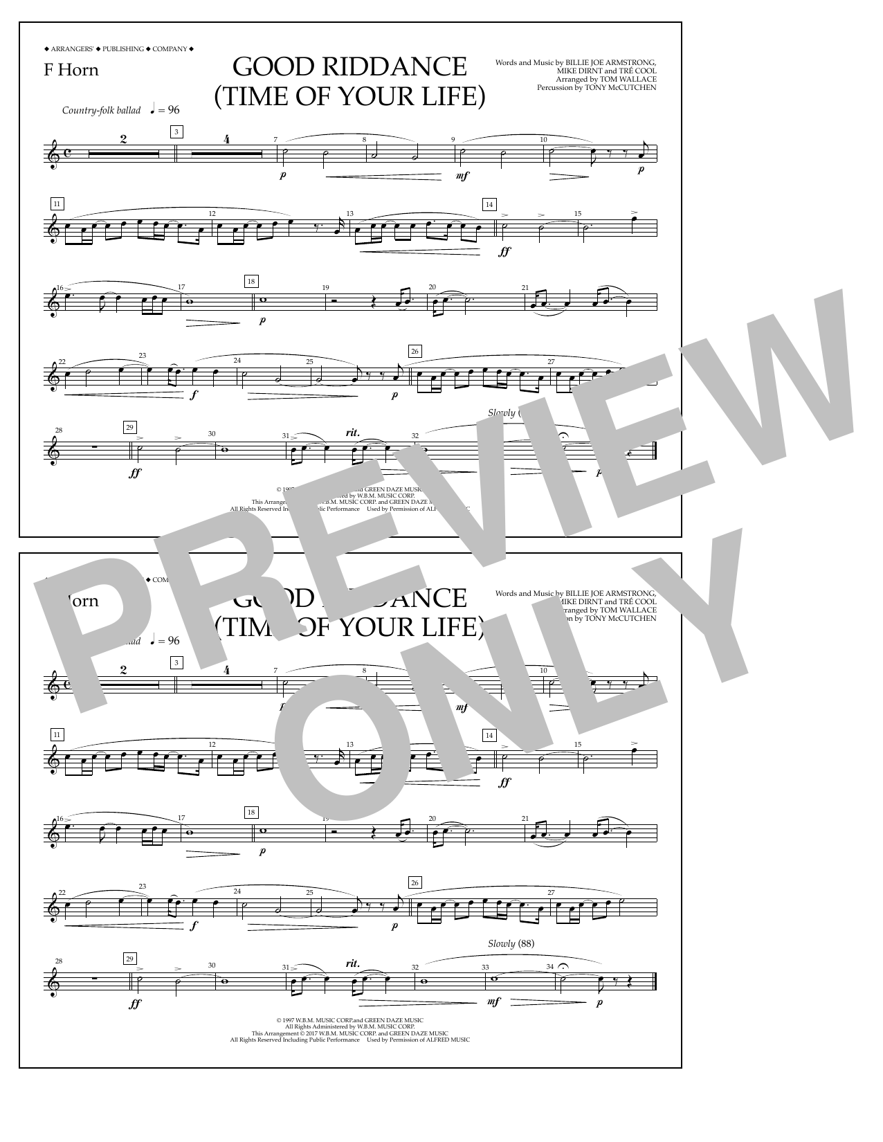 Tom Wallace Good Riddance (Time of Your Life) - F Horn sheet music notes and chords arranged for Marching Band