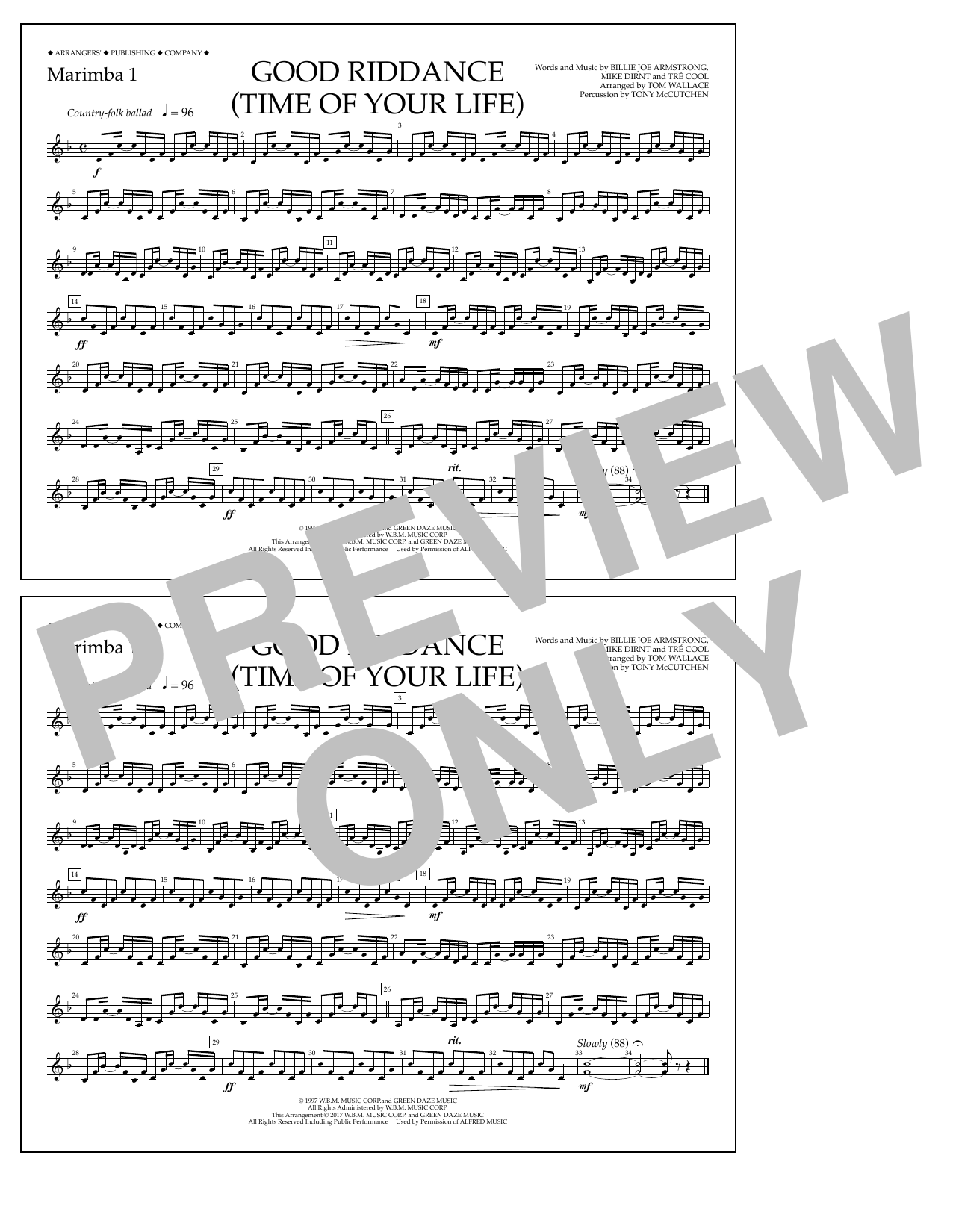 Tom Wallace Good Riddance (Time of Your Life) - Marimba 1 sheet music notes and chords arranged for Marching Band