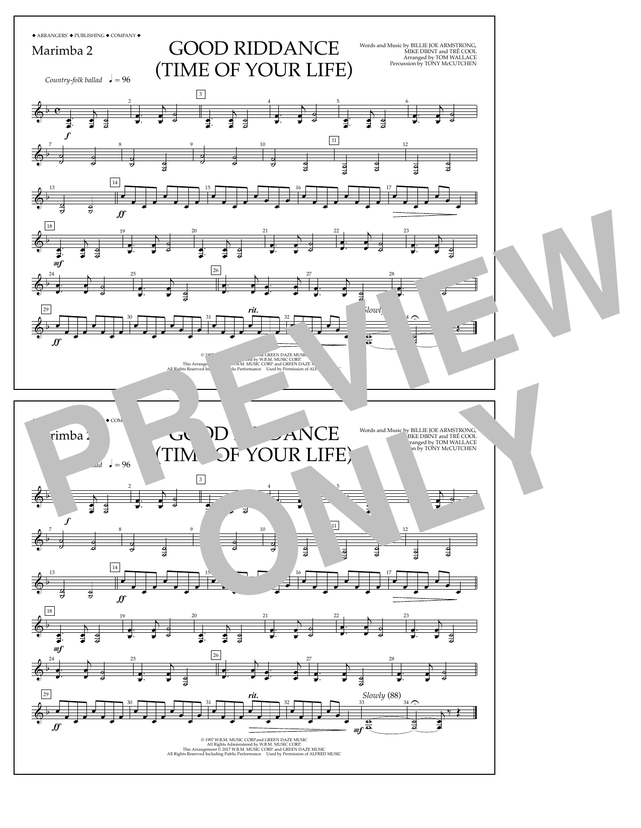 Tom Wallace Good Riddance (Time of Your Life) - Marimba 2 sheet music notes and chords arranged for Marching Band