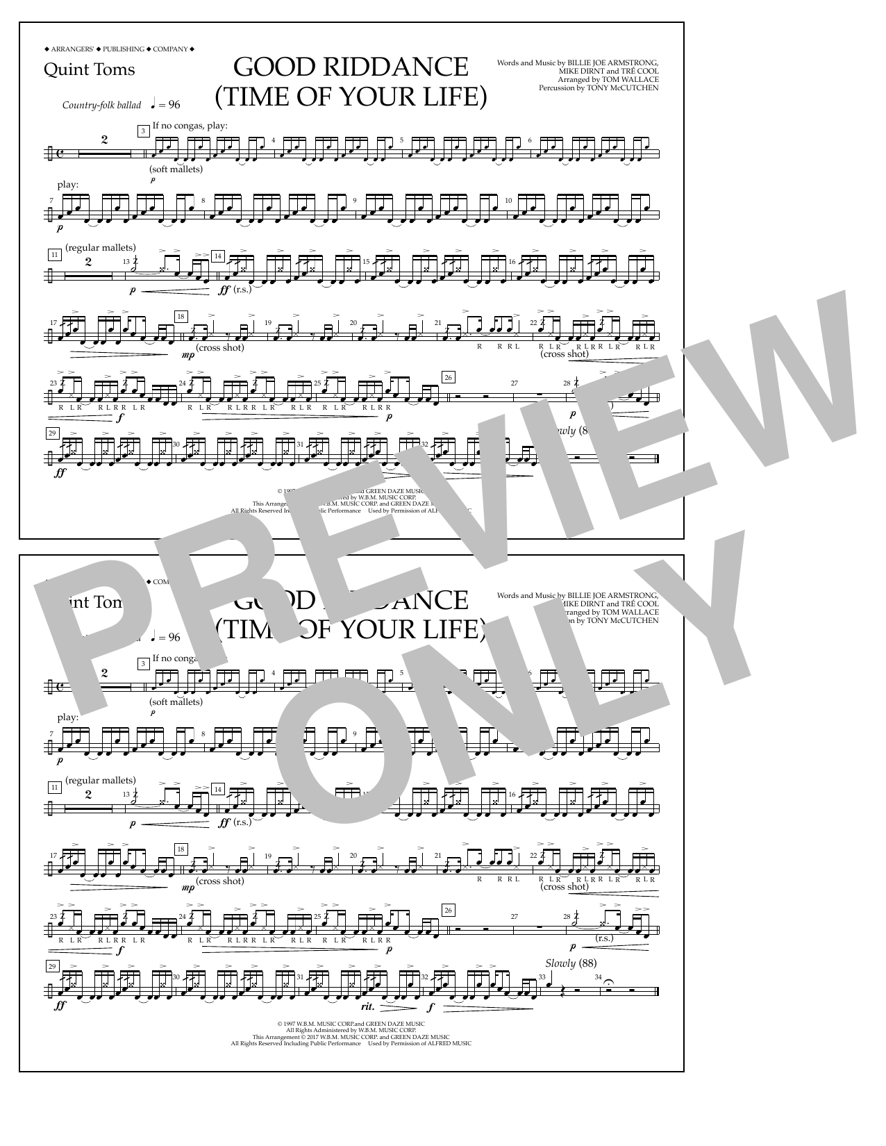 Tom Wallace Good Riddance (Time of Your Life) - Quint-Toms sheet music notes and chords arranged for Marching Band