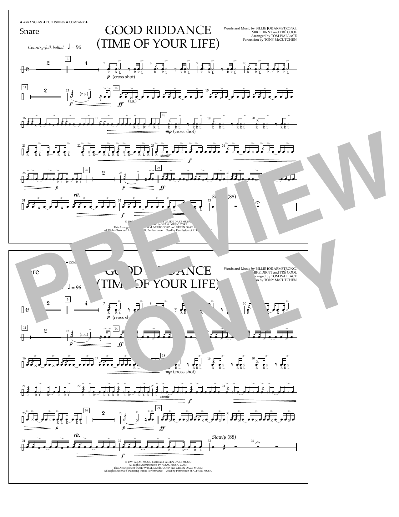 Tom Wallace Good Riddance (Time of Your Life) - Snare sheet music notes and chords arranged for Marching Band
