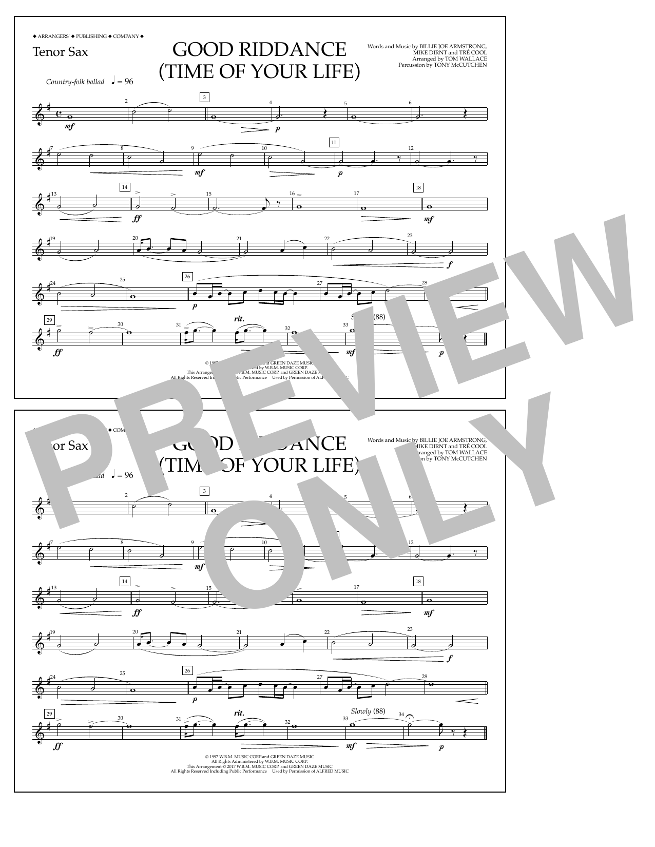 Tom Wallace Good Riddance (Time of Your Life) - Tenor Sax sheet music notes and chords arranged for Marching Band