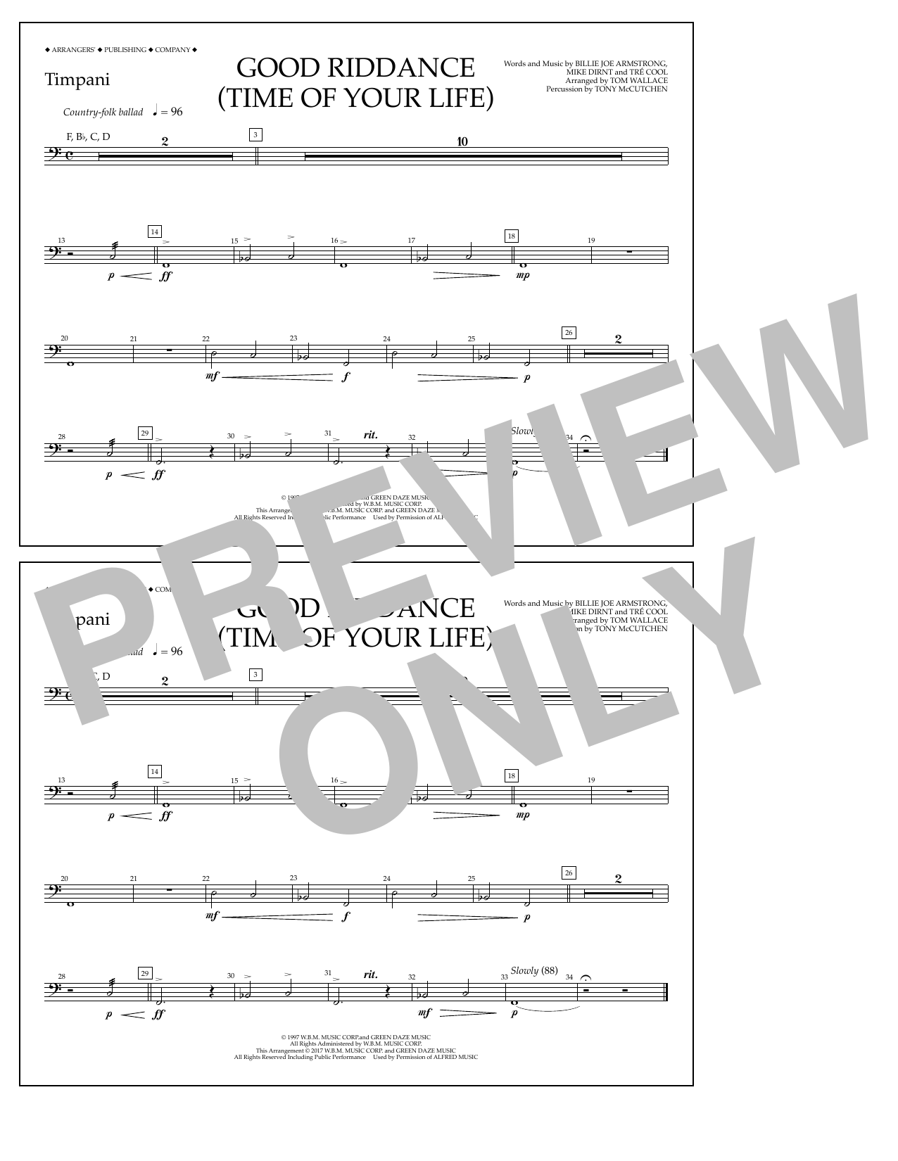 Tom Wallace Good Riddance (Time of Your Life) - Timpani sheet music notes and chords arranged for Marching Band