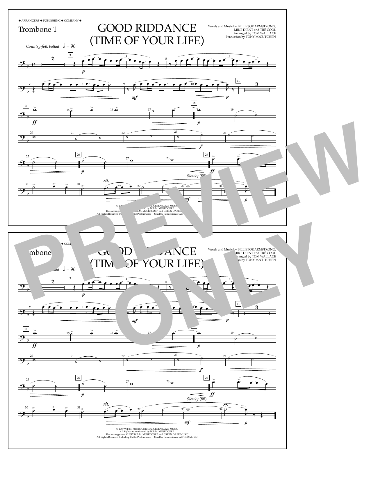 Tom Wallace Good Riddance (Time of Your Life) - Trombone 1 sheet music notes and chords arranged for Marching Band
