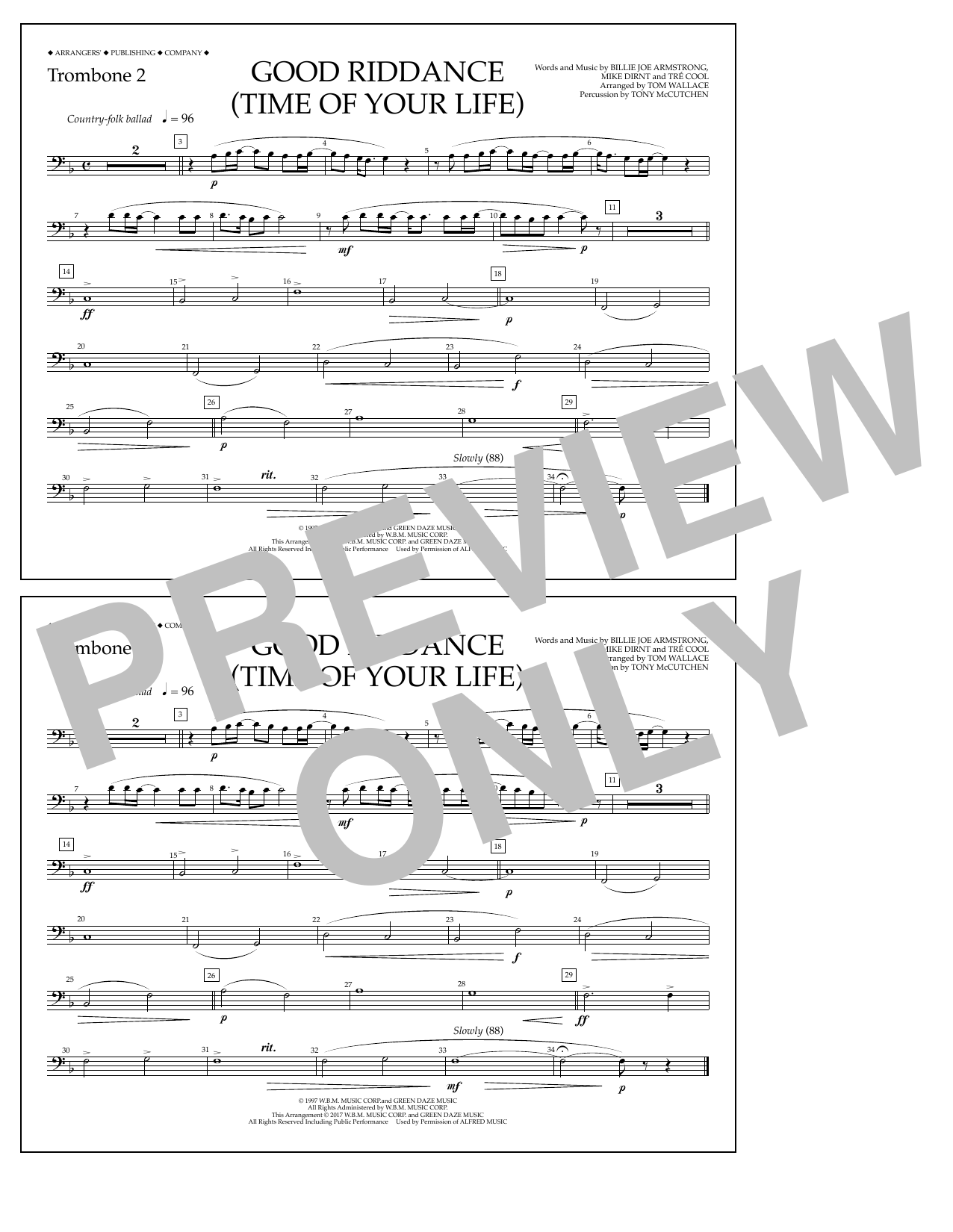 Tom Wallace Good Riddance (Time of Your Life) - Trombone 2 sheet music notes and chords arranged for Marching Band