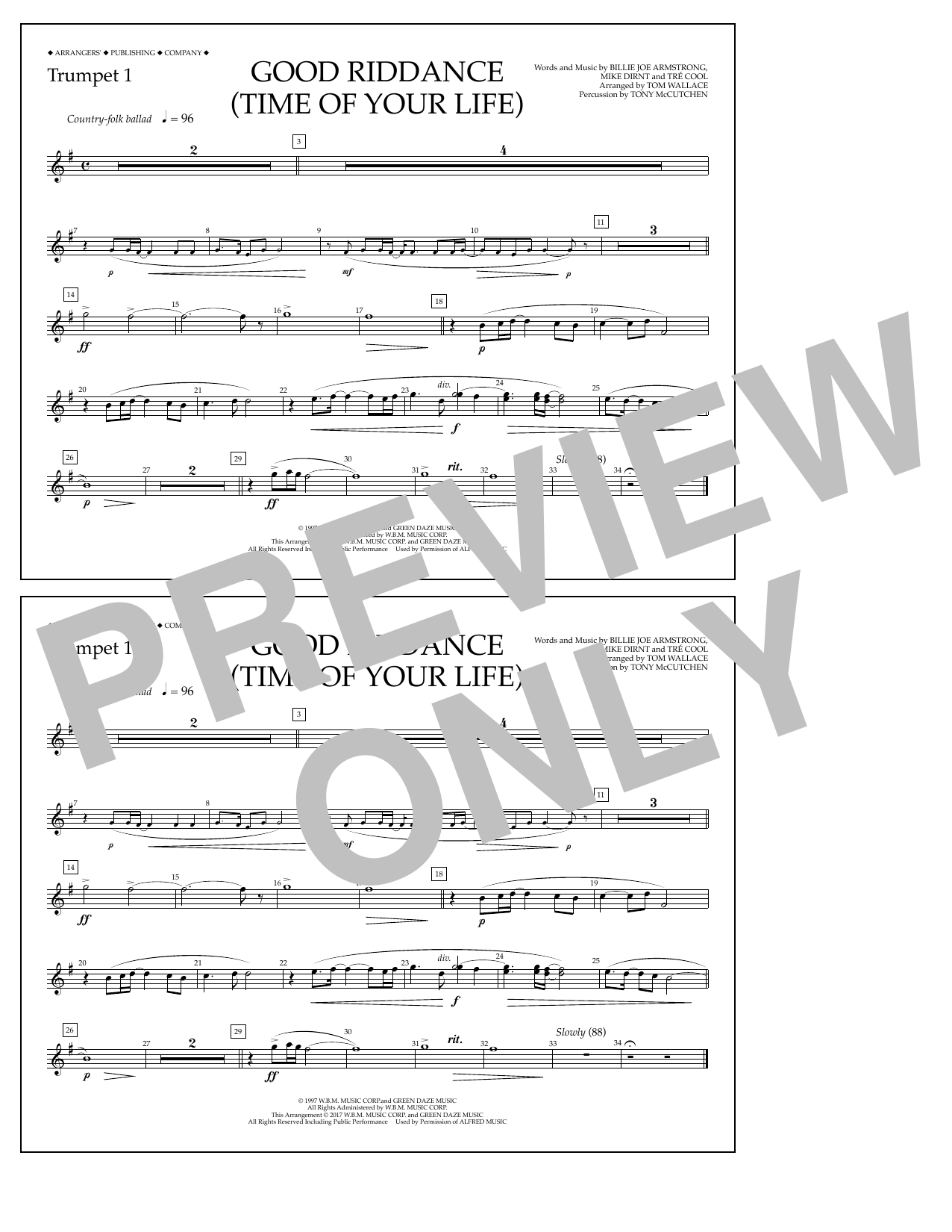 Tom Wallace Good Riddance (Time of Your Life) - Trumpet 1 sheet music notes and chords arranged for Marching Band