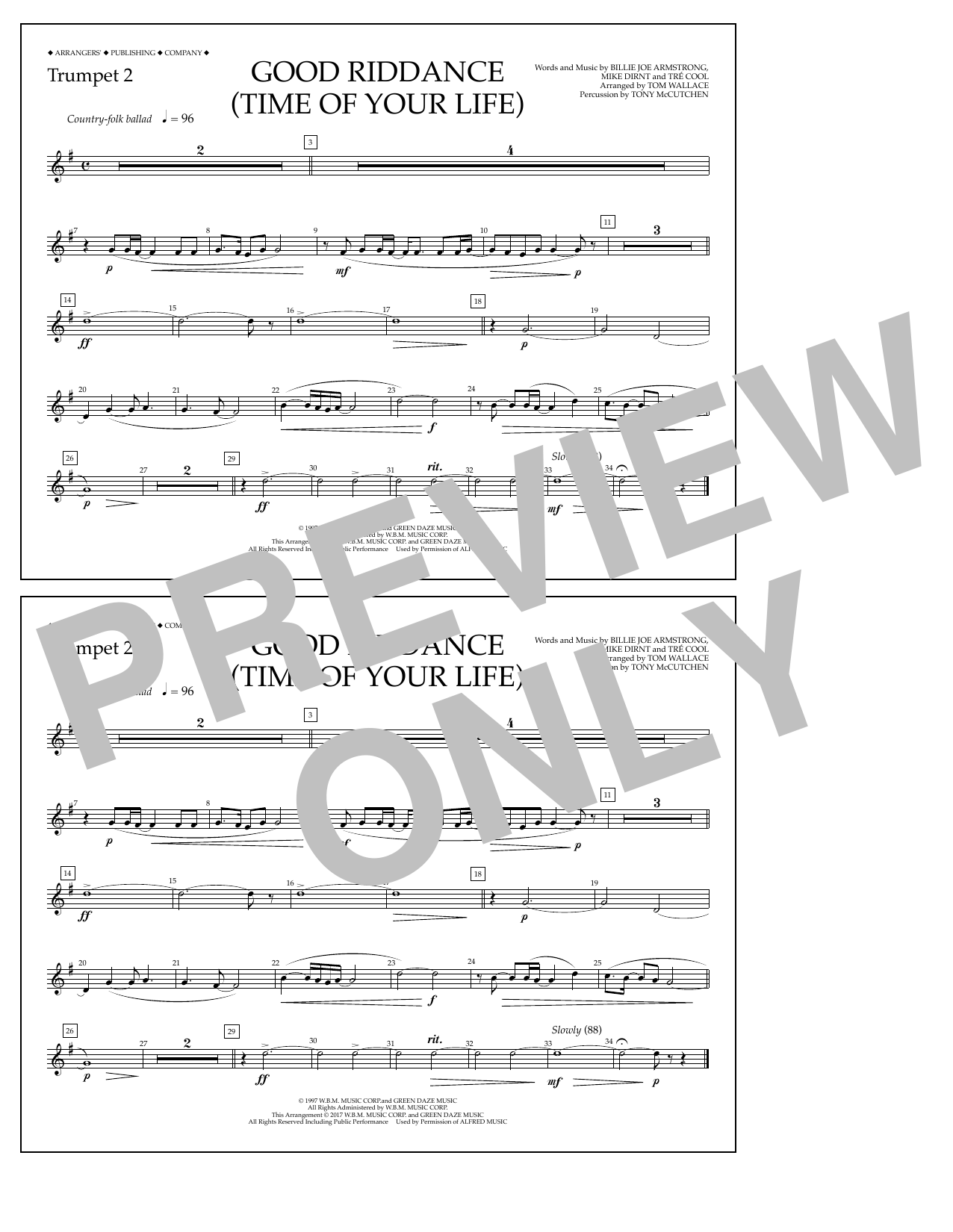 Tom Wallace Good Riddance (Time of Your Life) - Trumpet 2 sheet music notes and chords arranged for Marching Band