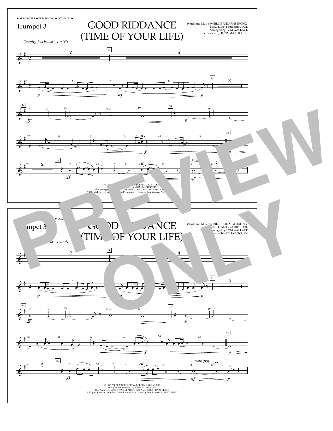 Tom Wallace Good Riddance (Time of Your Life) - Trumpet 3 sheet music notes and chords arranged for Marching Band