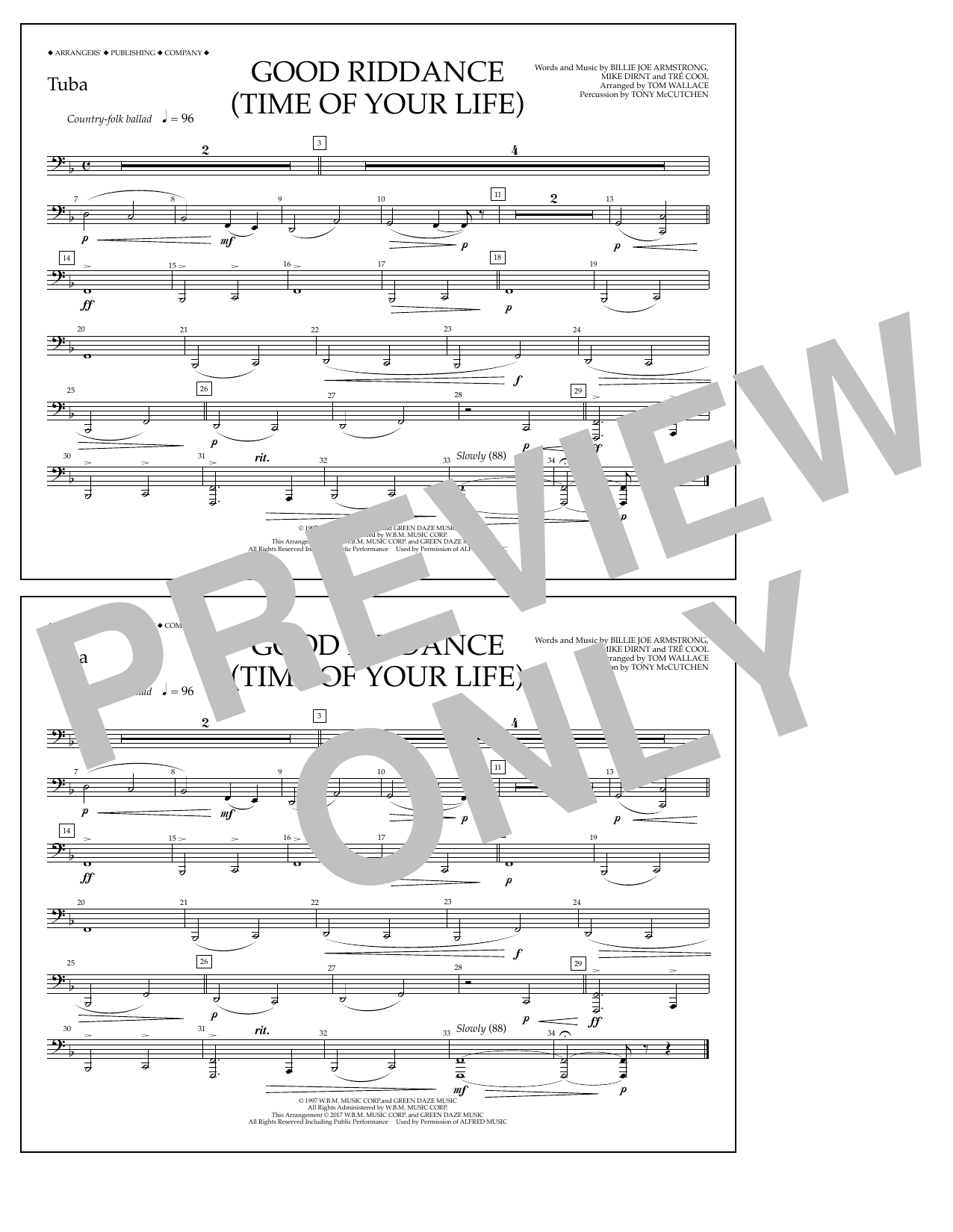 Tom Wallace Good Riddance (Time of Your Life) - Tuba sheet music notes and chords arranged for Marching Band