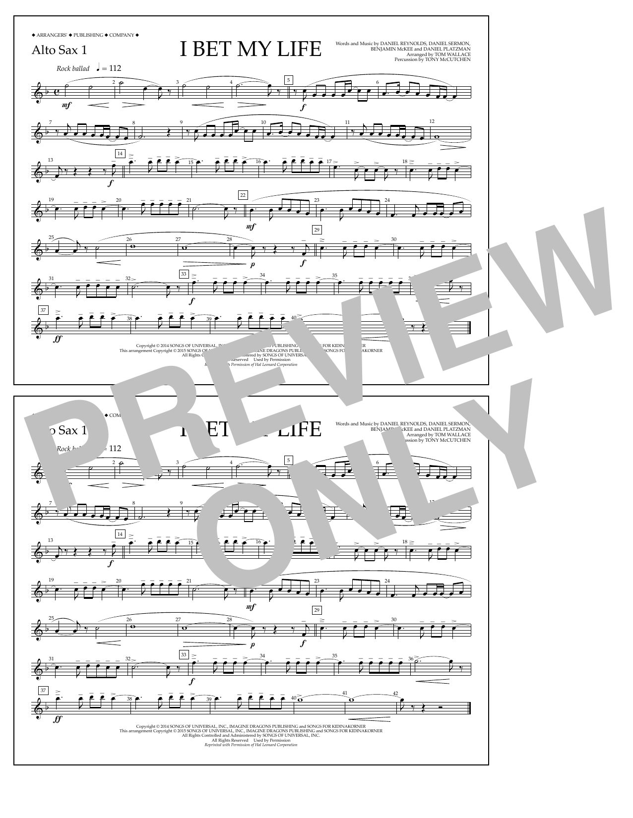 Tom Wallace I Bet My Life - Alto Sax 1 sheet music notes and chords arranged for Marching Band