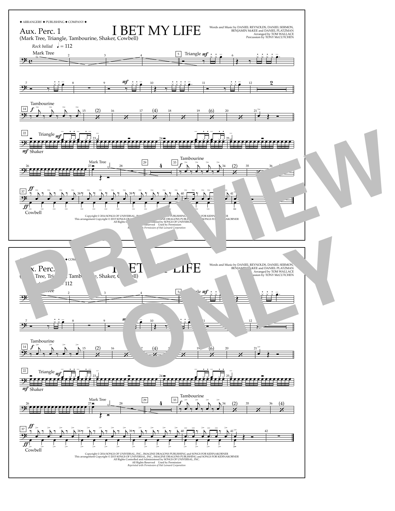 Tom Wallace I Bet My Life - Aux. Perc. 1 sheet music notes and chords arranged for Marching Band