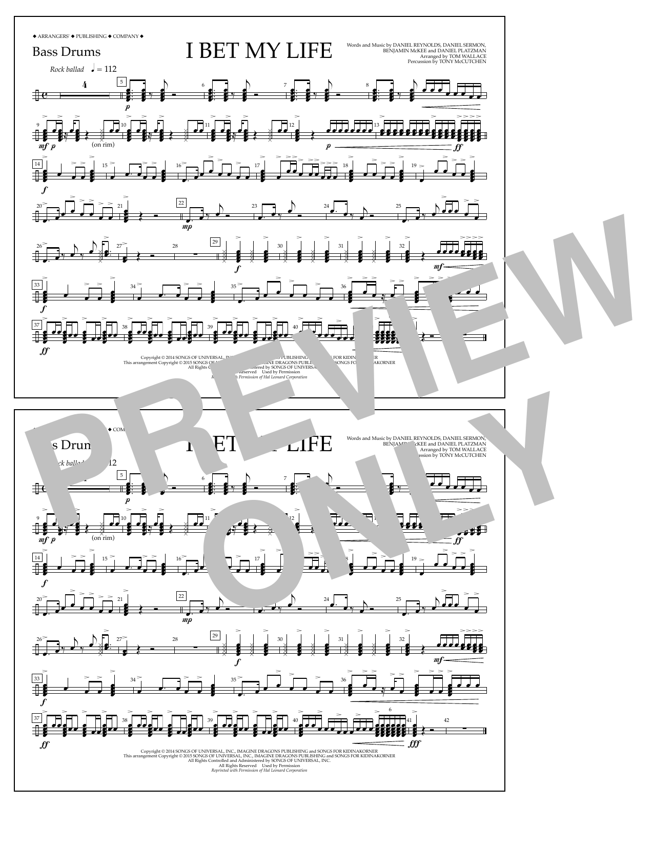 Tom Wallace I Bet My Life - Bass Drums sheet music notes and chords arranged for Marching Band